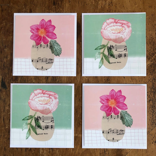 Dahlia & Peony Sheet-Music Vase Cards, Set of 4